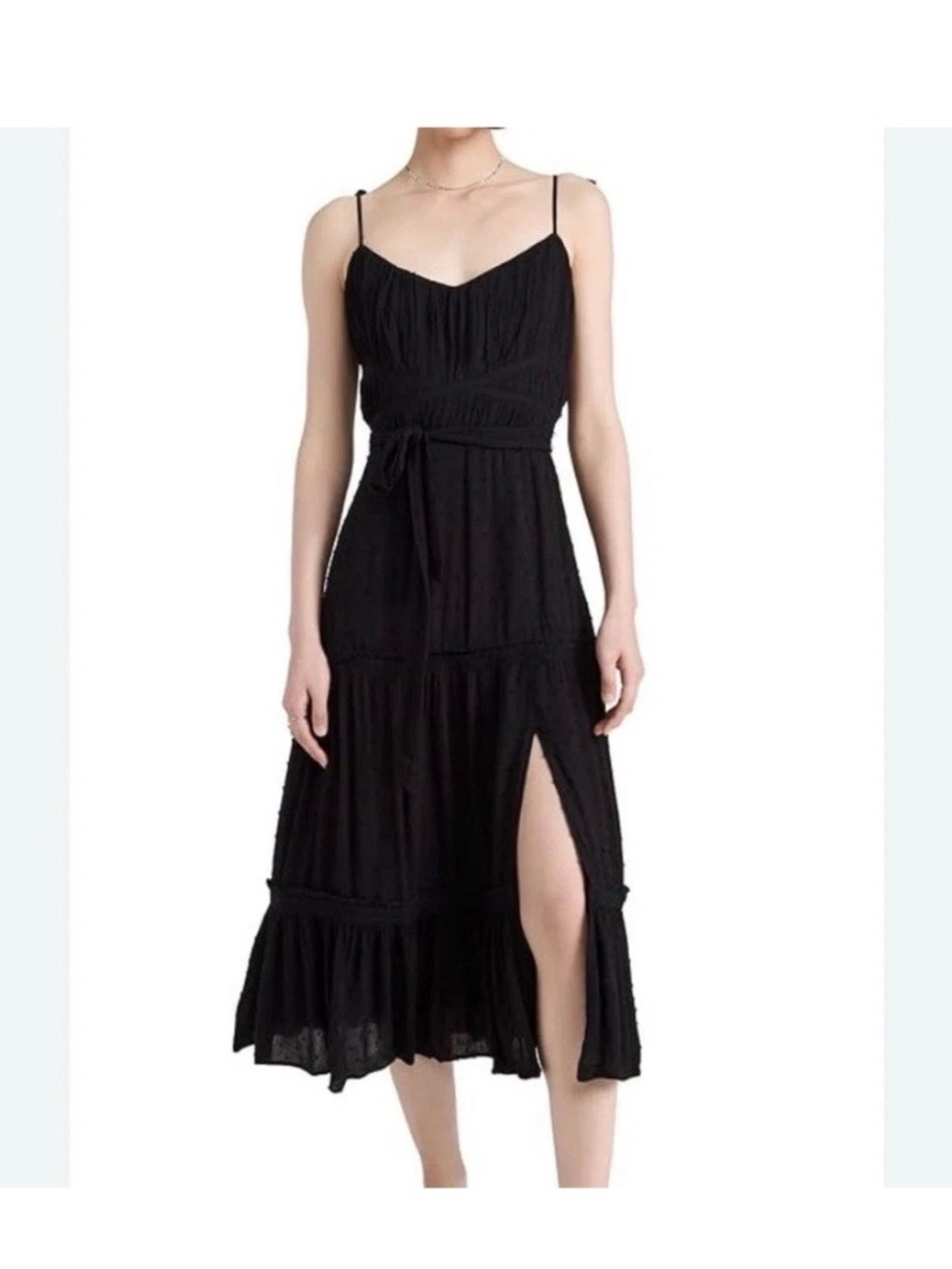 PAIGE INESA BLACK MIDI DRESS TEXTURED SWISS DOTS SMALL S Sun Dress Slit Summer